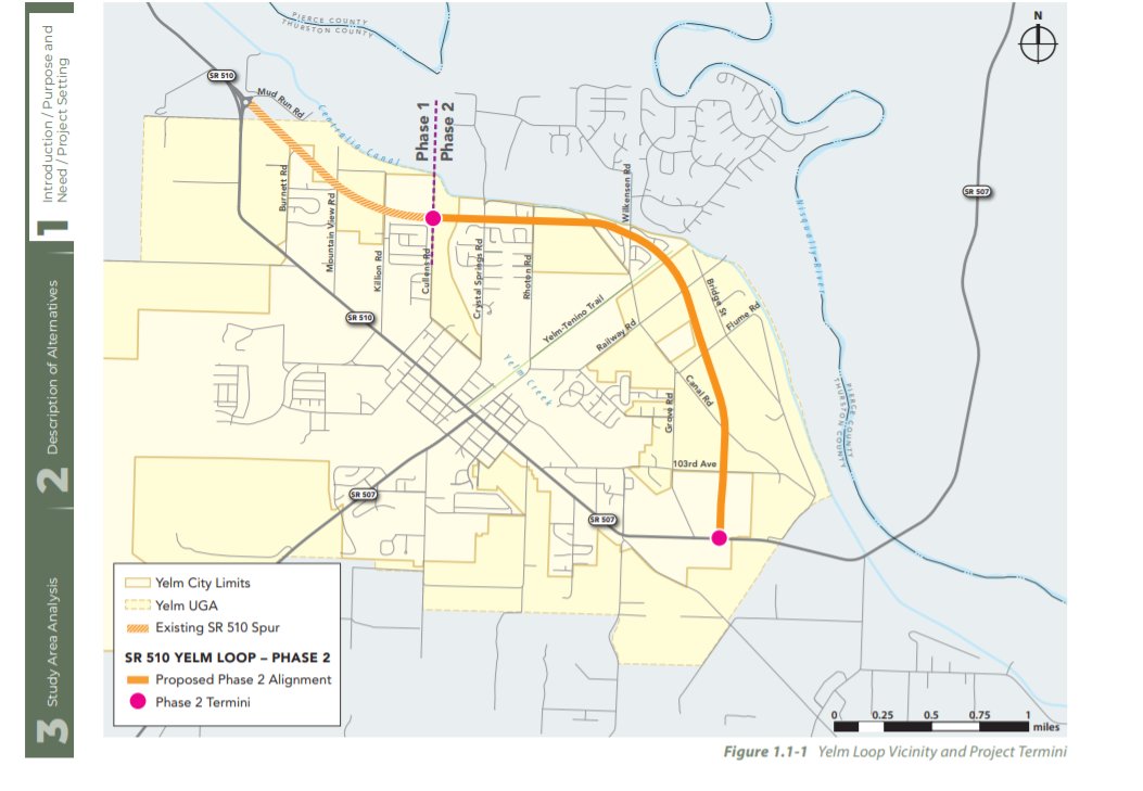 The yellow line shows the proposed route of the new SR 510 Yelm Loop highway.